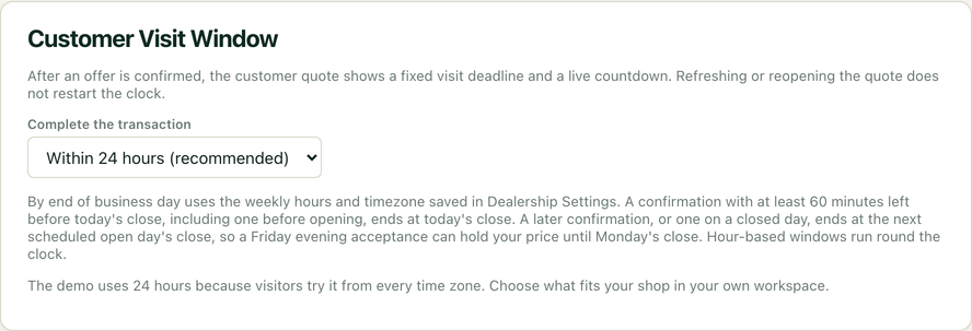 Dealer settings for the visit deadline on agreed items, separate from quote validity.