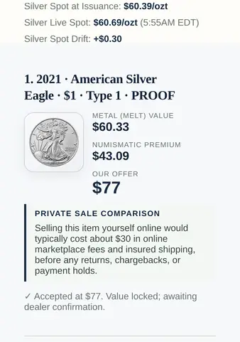 The customer’s copy of the same quote: the silver row of its spot panel, $60.39 at issuance and $60.69 live, a drift of +$0.30, above the 2021 American Silver Eagle, accepted at $77.00 and locked.